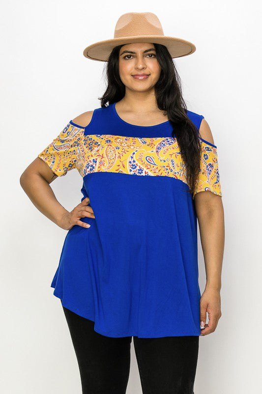 PSFU Royal Blue Paisley Cold Shoulder Top Shirt