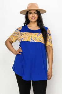 PSFU Royal Blue Paisley Cold Shoulder Top Shirt