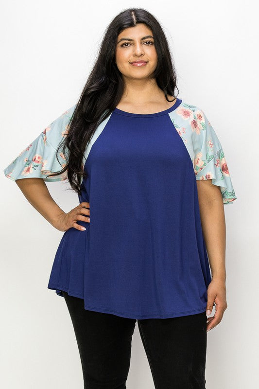 PSFU Blue Shirt Top with Blue Floral Sleeves