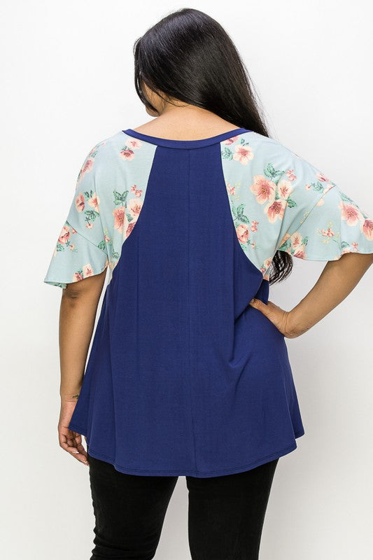 PSFU Blue Shirt Top with Blue Floral Sleeves