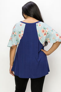 PSFU Blue Shirt Top with Blue Floral Sleeves
