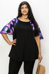PSFU Black Top with Purple Pink Blue Tie Dye Sleeve