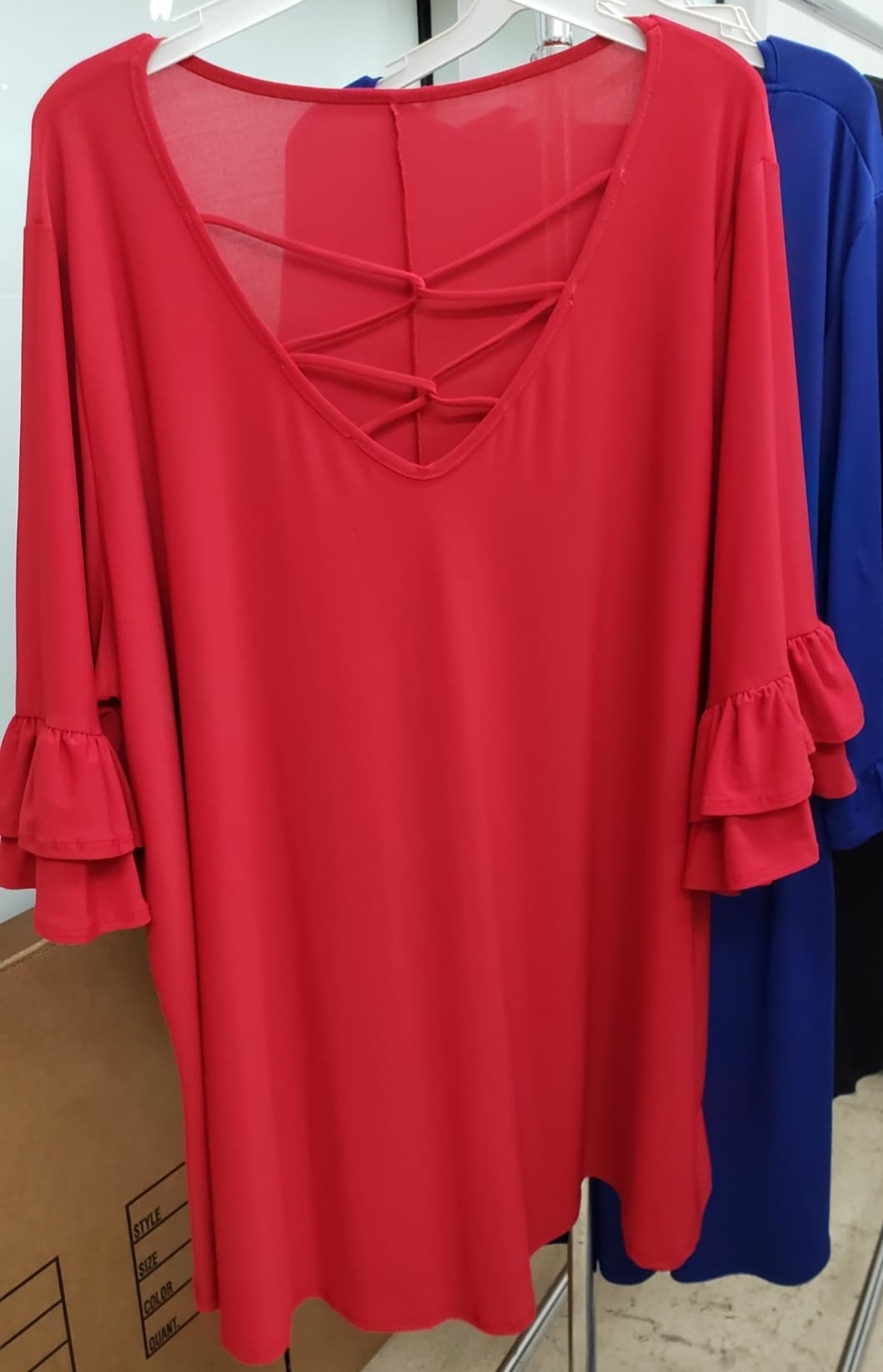 PSFU Red Caged Neck Top w Ruffle Sleeve