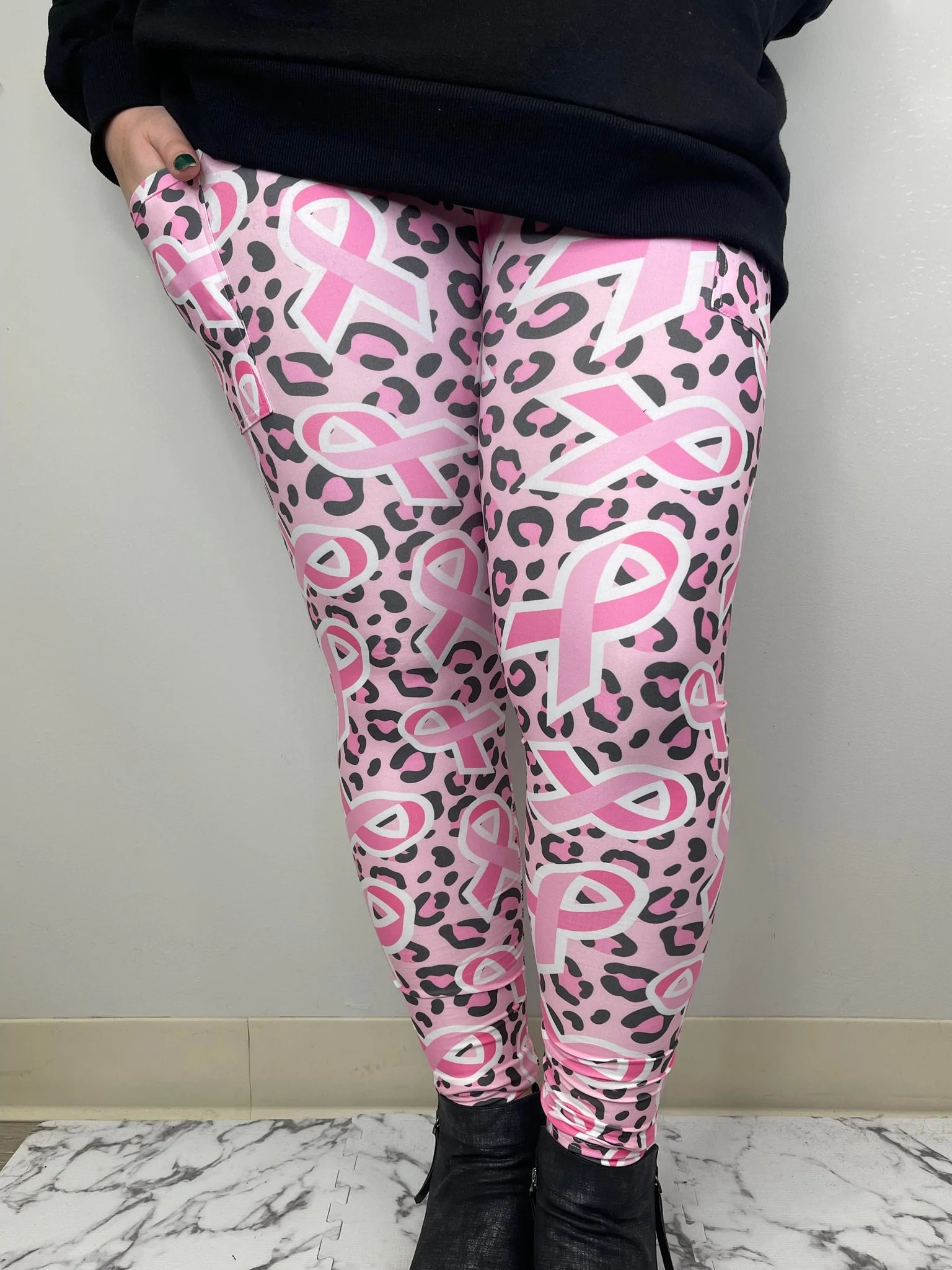 Pink Leopard Pink Ribbon Cancer Legging Leggings w Pockets