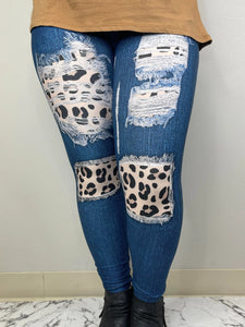 Faux Denim Full Length Leopard Patch Leggings with Faux Pockets