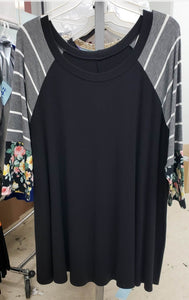 PSFU Black Top Shirt w Gray Stripe Floral Sleeves