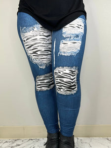 Zebra Denim Leggings w/ Butt Pockets