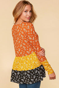 Orange Yellow Black Colorblock BOHO Shirt Top