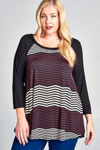 Black Zip Zag Stripe Raglan Tunic Shirt Top