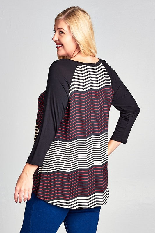 Black Zip Zag Stripe Raglan Tunic Shirt Top