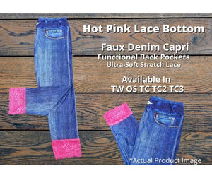 Faux Denim Capri with Hot Pink Lace Bottom