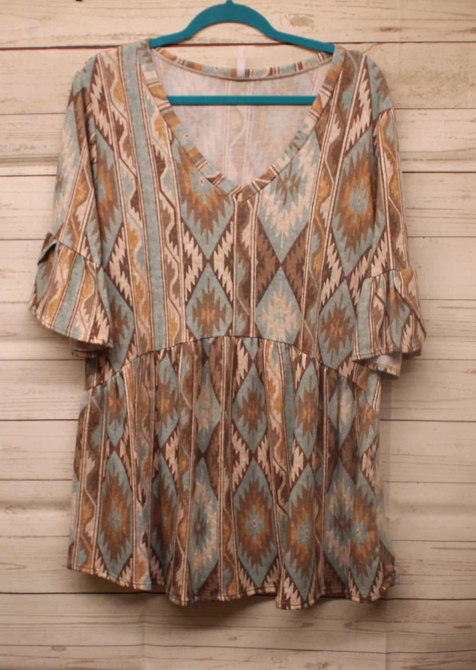 Blue Brown Aztec Western Babydoll Shirt Top