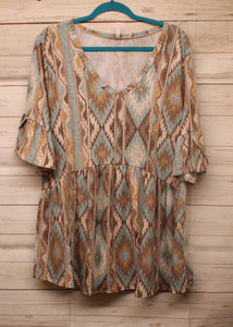 Blue Brown Aztec Western Babydoll Shirt Top