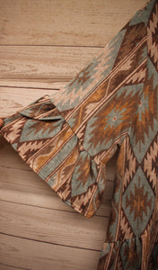 Blue Brown Aztec Western Babydoll Shirt Top
