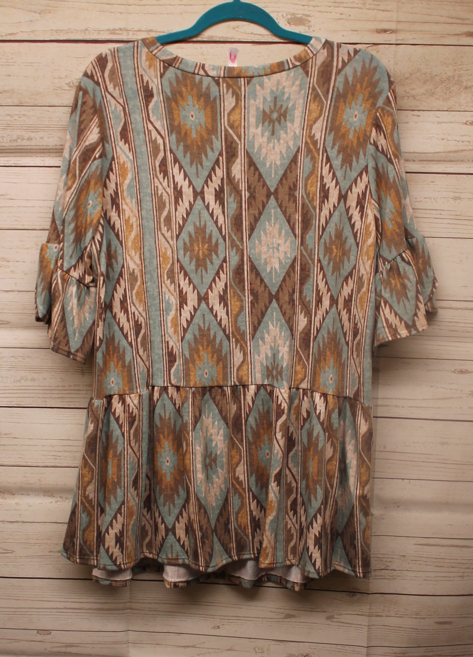 Blue Brown Aztec Western Babydoll Shirt Top