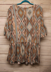 Blue Brown Aztec Western Babydoll Shirt Top