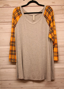 PSFU Gray Top w Yellow Plaid Arms