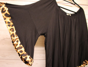 PSFU Black Top w Leopard Trim on Big Bell Sleeves