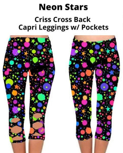 Black Neon Stars Criss Cross Back Capris