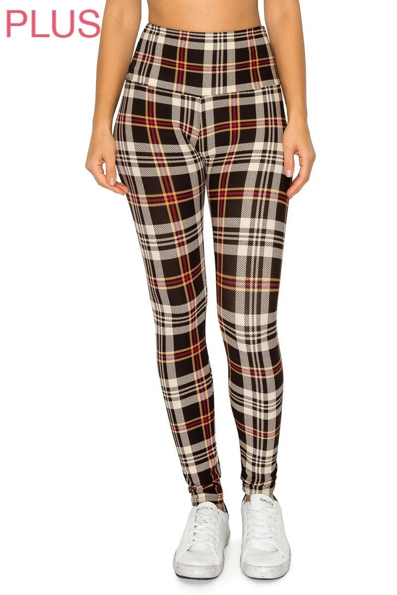 Mocha Plaid Leggings Yoga Waistband 1x-3x