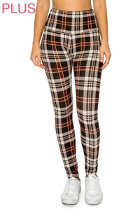 Mocha Plaid Leggings Yoga Waistband 1x-3x