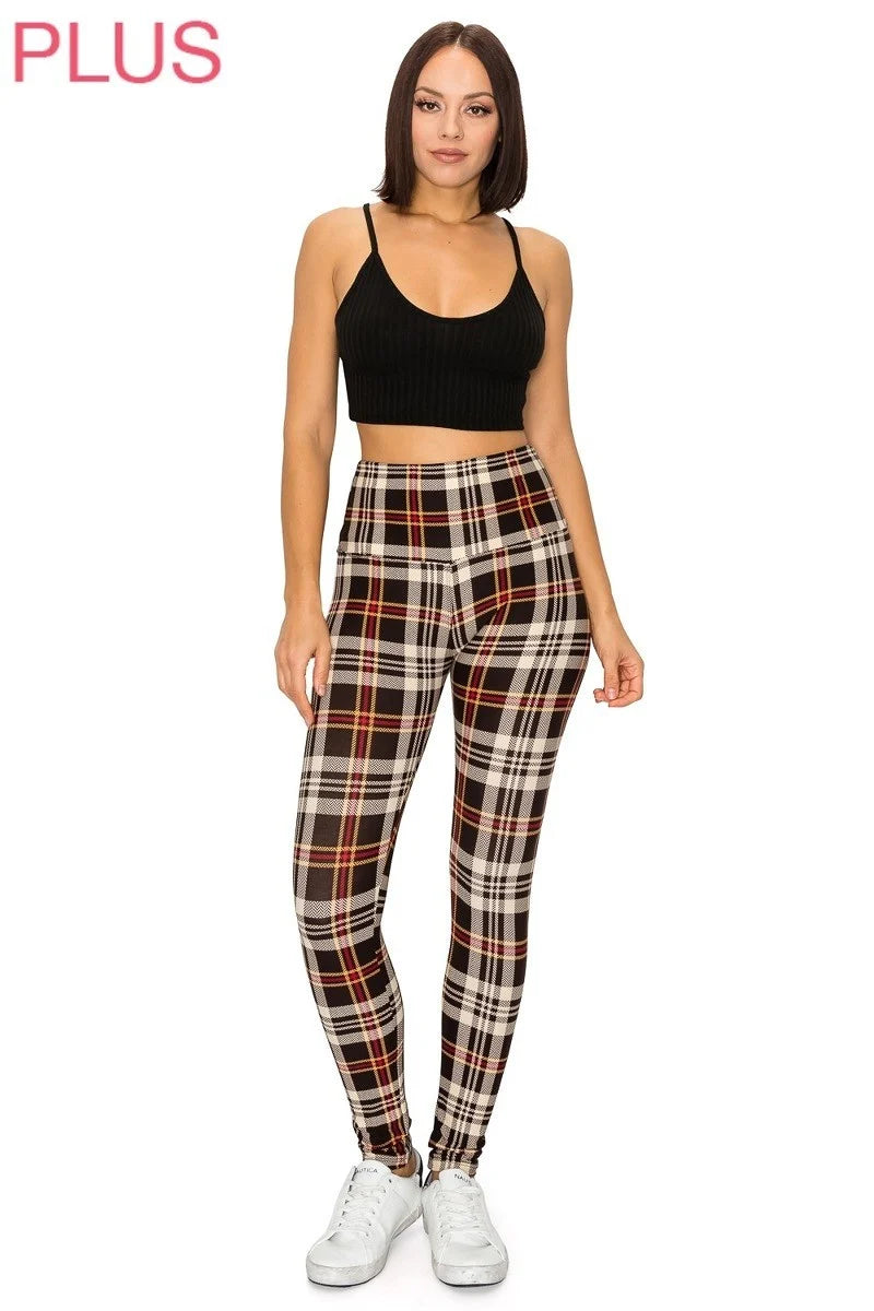 Mocha Plaid Leggings Yoga Waistband 1x-3x