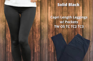 Traditional Solid Black Capri Leggings With Pockets