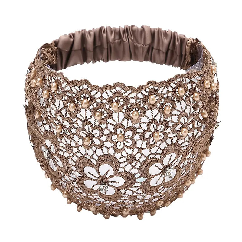 Lace Headbands For Women,Wide Floral Pearl Lace Elastic Headbands