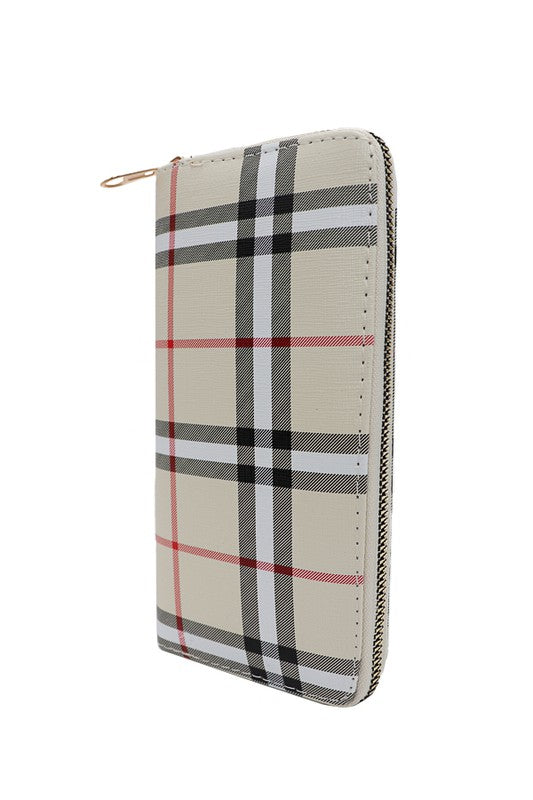 Beige Tartan Plaid Print w Rainbow Stripes Textured PU Leather Wallet