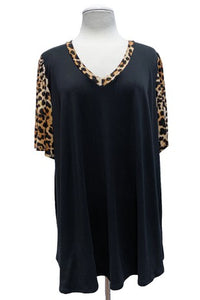 Black V Neck Top w Leopard Trim and Wide Arms