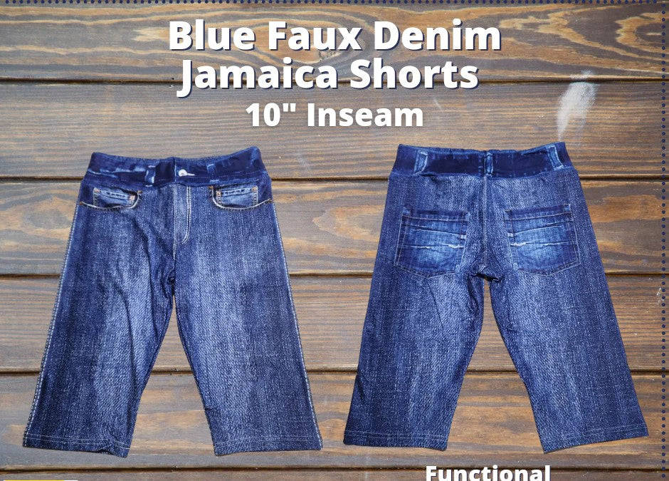 Blue Faux Denim Jamaica Length Shorts 10" Inseam