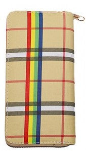 Khaki Tartan Plaid Print w Rainbow Stripes Wallet