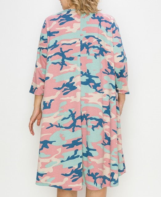 Pink Blue Camo Dress 3Qtr Slv w Pockets
