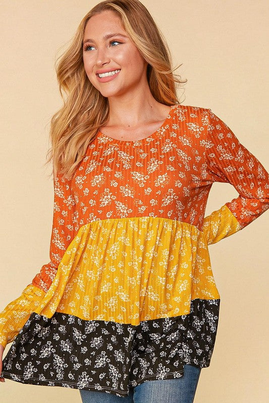 Orange Yellow Black Colorblock BOHO Shirt Top