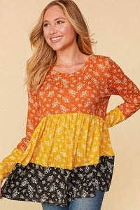 Orange Yellow Black Colorblock BOHO Shirt Top