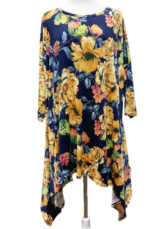 Blue, Bright Floral Sharkbite Drape Side Top