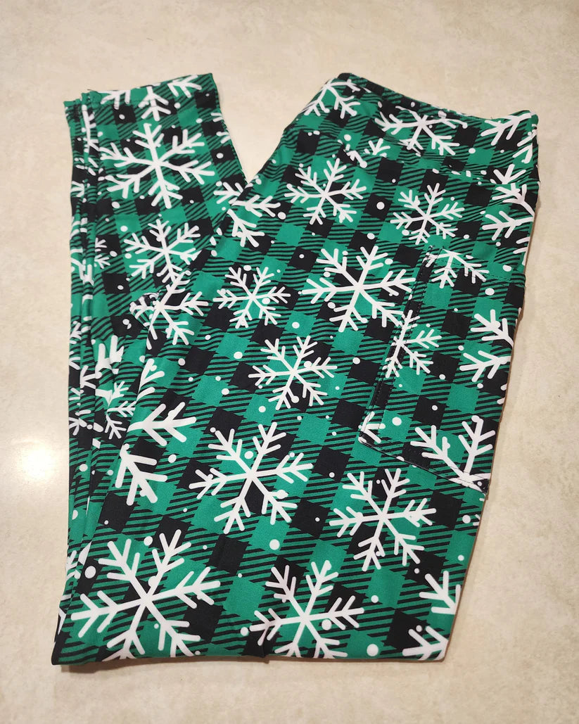 Green Plaid Snow Flurries Full Length Leggings