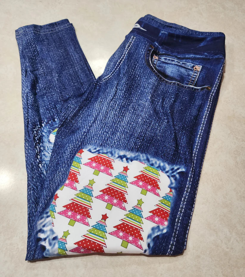 Faux Denim Holiday Xmas Tree Patch Leggings