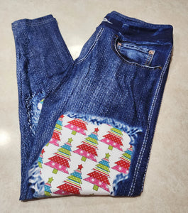 Faux Denim Holiday Xmas Tree Patch Leggings