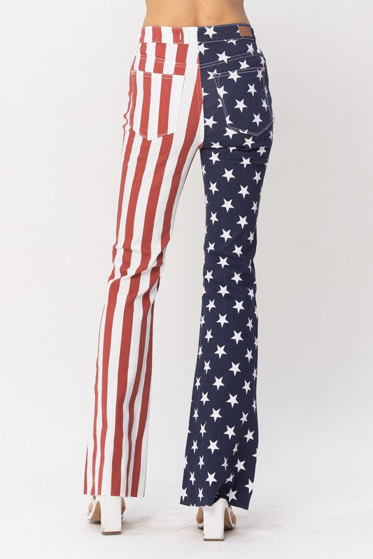 Judy Blue Blues Red Flag Print Flare Jeans
