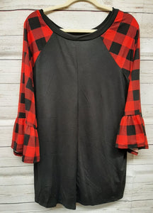 PSFU Black Body Top with Red Plaid Sleeves