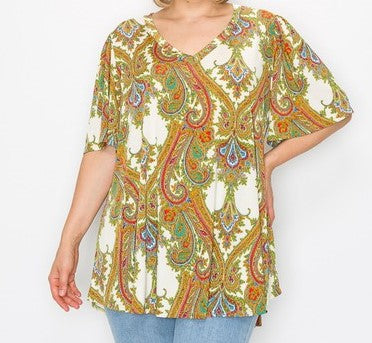 Multi Print V Neck Wide Sleeve Top