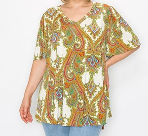 Multi Print V Neck Wide Sleeve Top