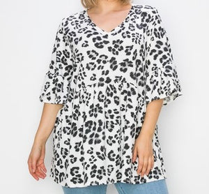 White Leopard V Neck Ruffle Sleeve Top