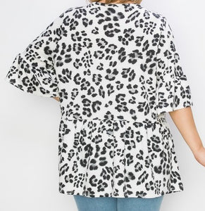 White Leopard V Neck Ruffle Sleeve Top