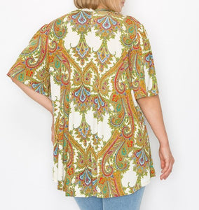 Multi Print V Neck Wide Sleeve Top